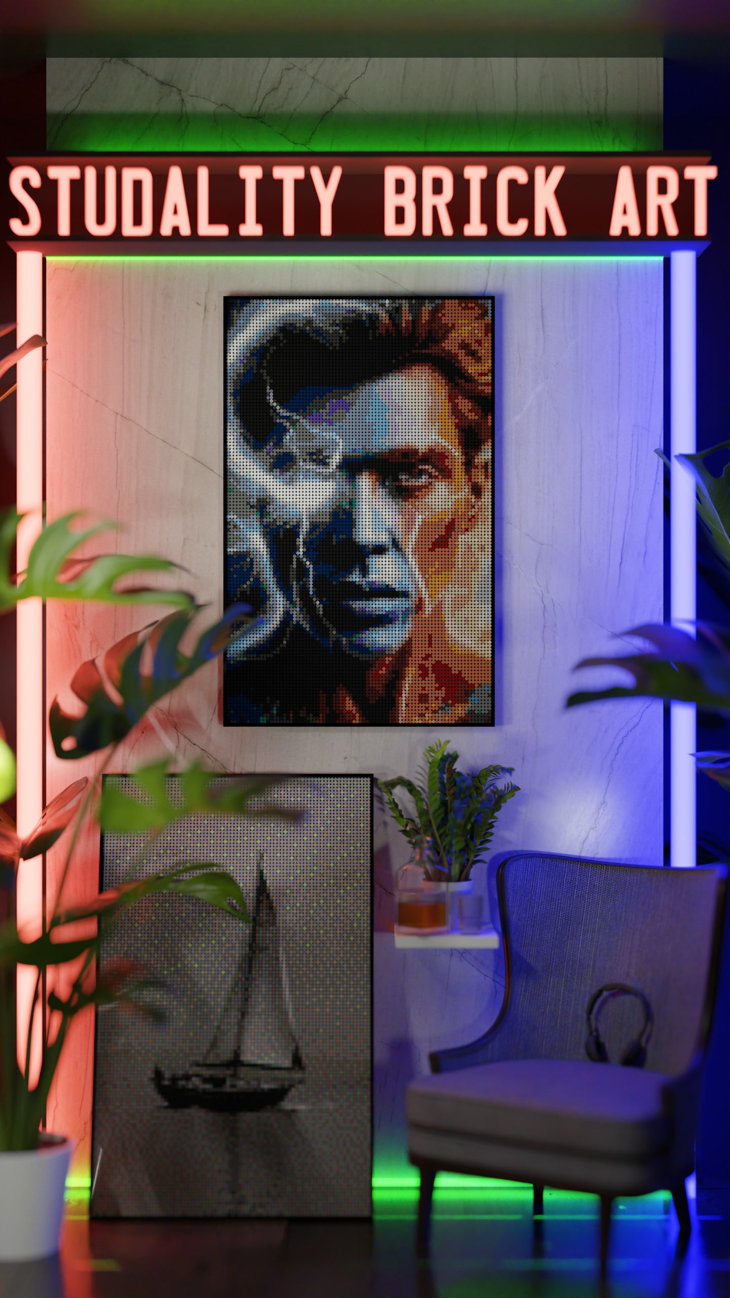 Johnny Omegabyte LEGO® Style mosaic wall art made from colorful plastic bricks
